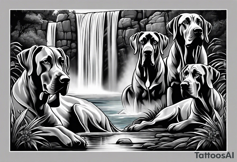 Arm sleeve- with four Great Danes in front of waterfall tattoo idea