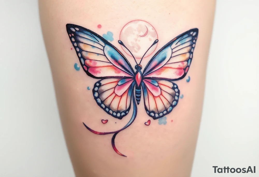 ethereal butterfly with flowing silk ribbons in moonlight tattoo idea