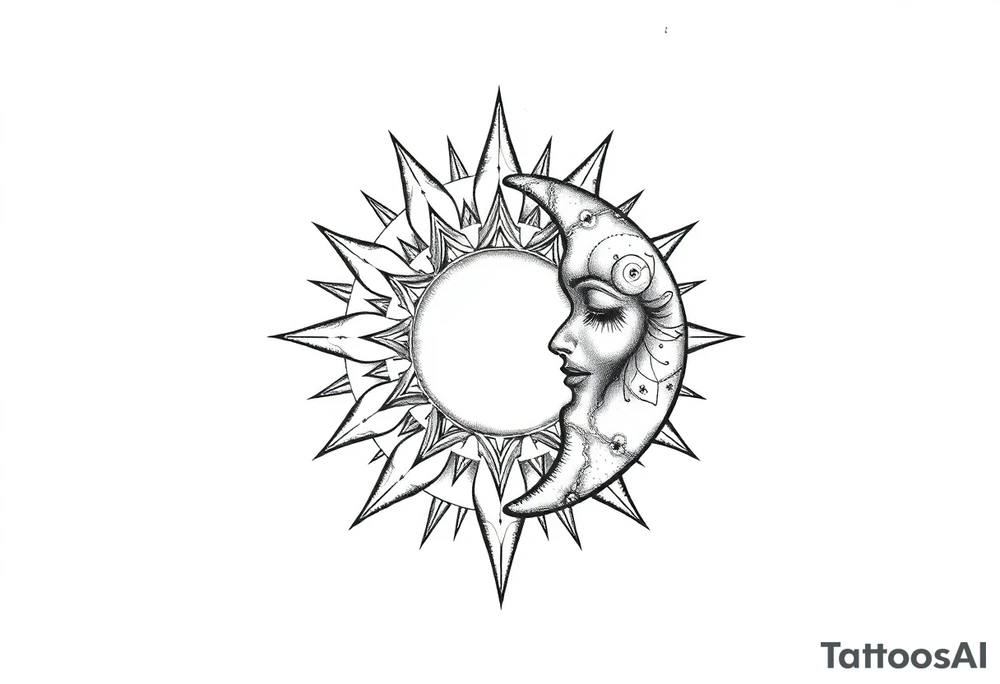 celestial sun and moon embrace with constellation patterns tattoo idea