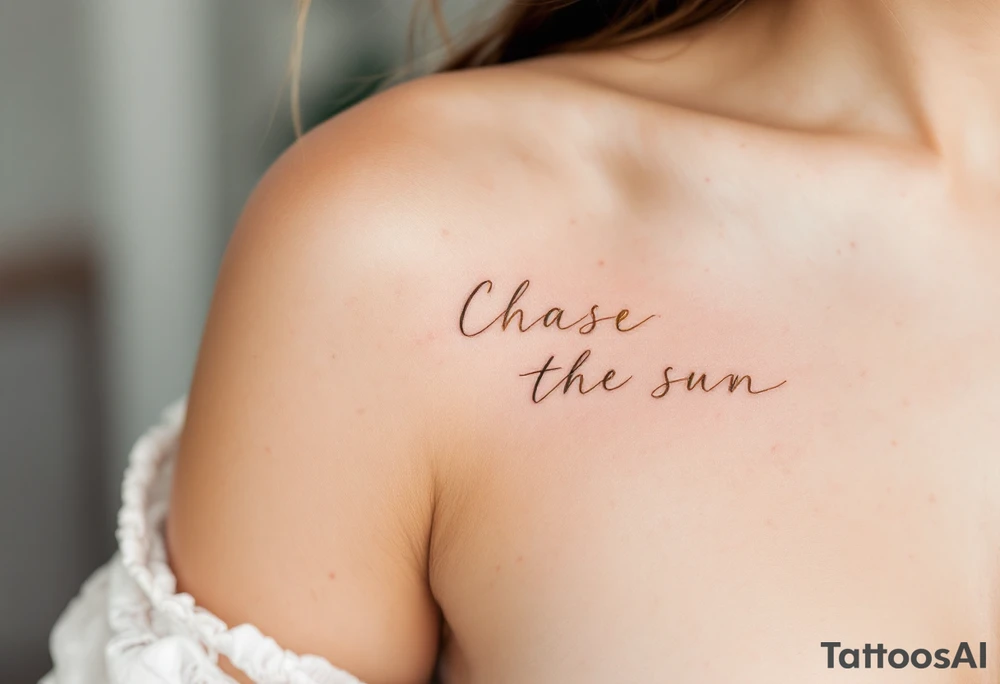 "Chase the Sun" in light modern script, gold ink with a simple black sunburst line design. tattoo idea