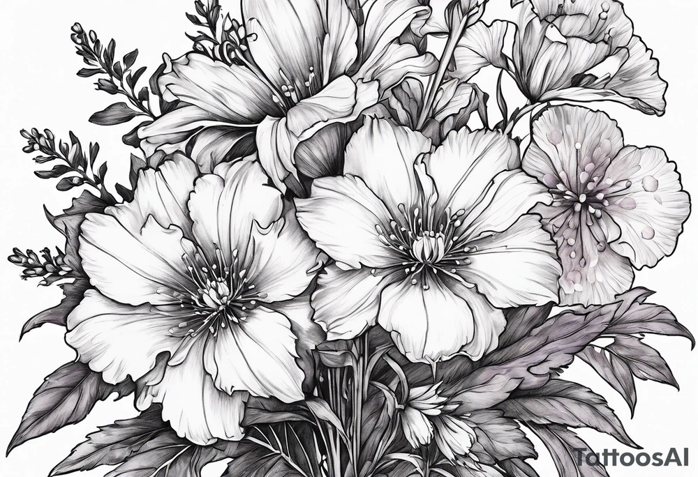 Bouquet with larkspur with stem, carnation with stem, violet, with stem, daisy with stem tattoo idea