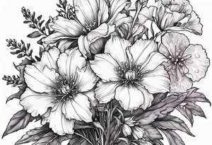 Bouquet with larkspur with stem, carnation with stem, violet, with stem, daisy with stem tattoo idea