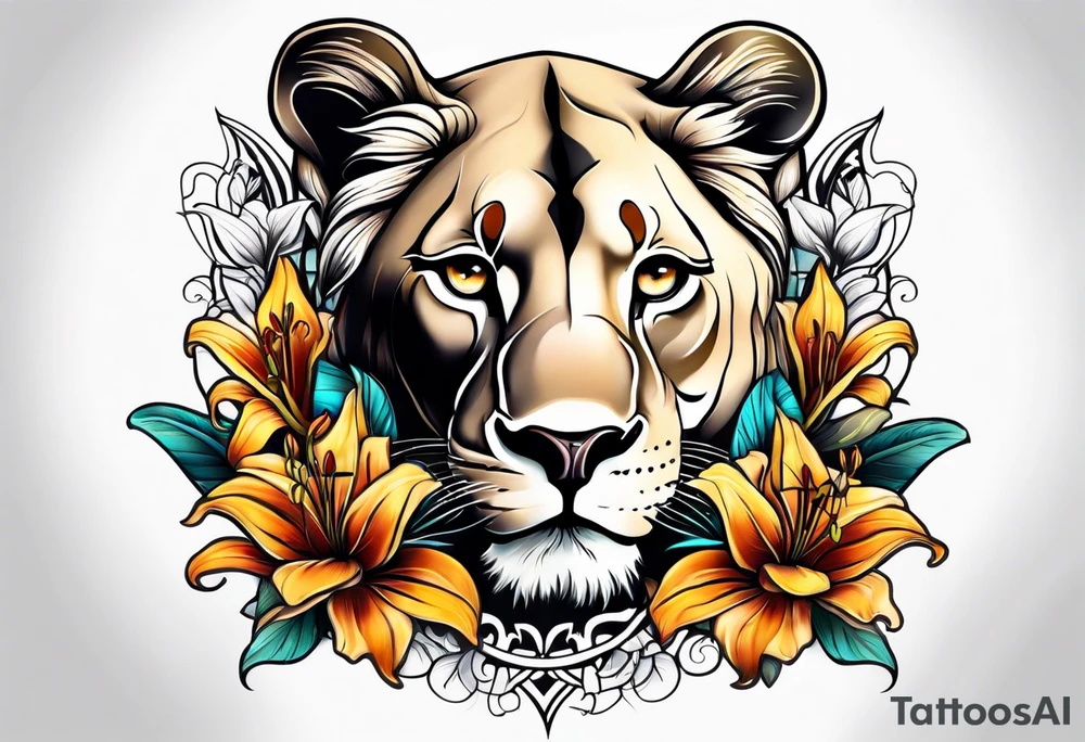 Lioness with lilies tattoo idea