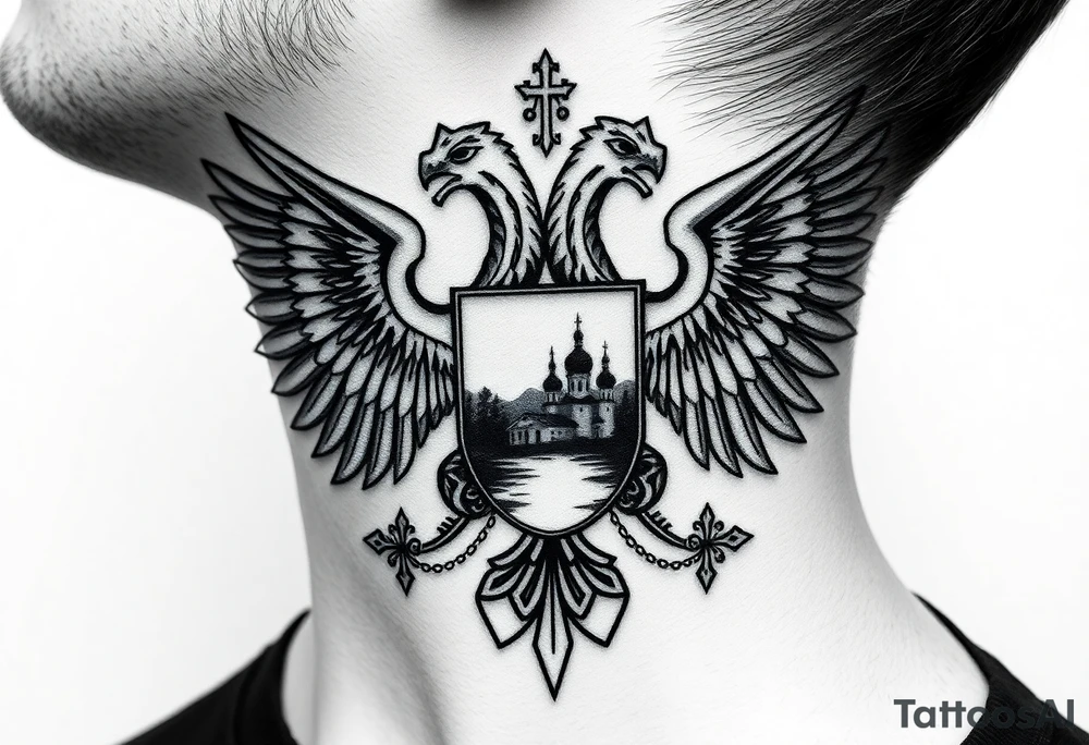 Traditional authentic Russian coat of arms with double headed eagle & a well shaded Christian orthodox virgin marry crest in the middle with silhouette of a lake in a Russian wilderness Christian orthodoxy dome church village setting on the side of my neck tattoo idea