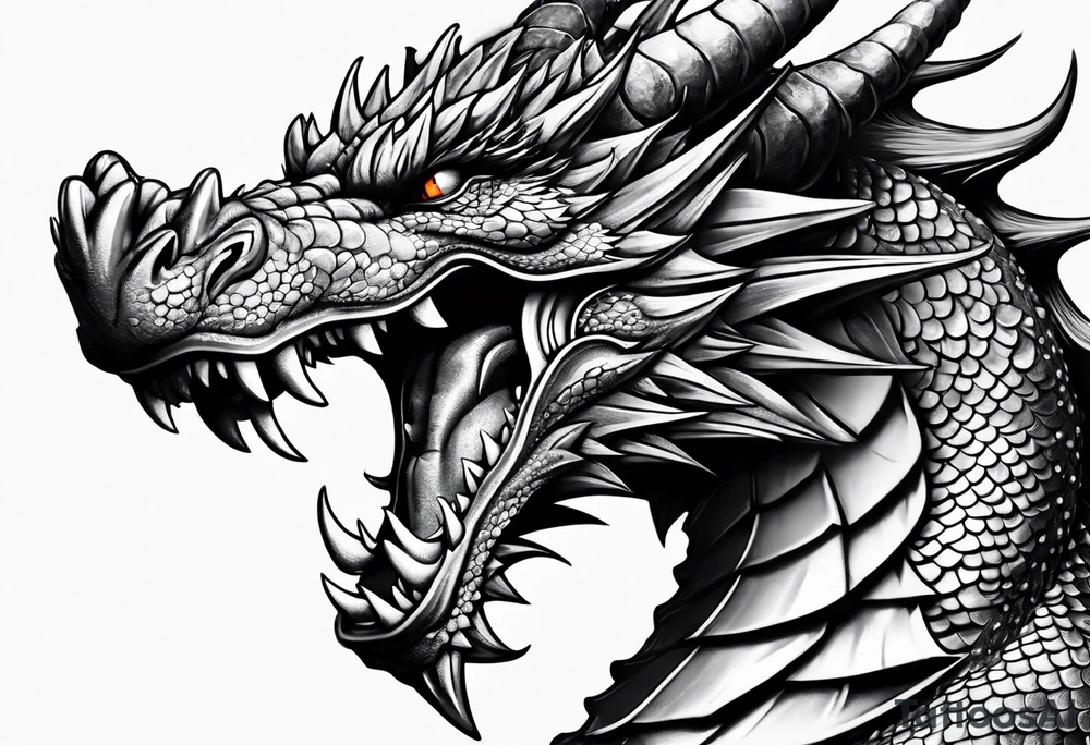 Dragon with dumbbell in mouth tattoo idea