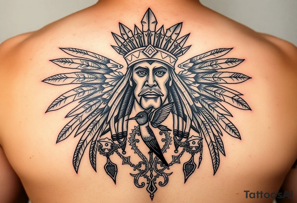 Purepecha king surrounded by purepecha symbols with hidden hummingbird tattoo idea