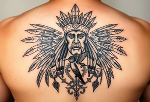 Purepecha king surrounded by purepecha symbols with hidden hummingbird tattoo idea