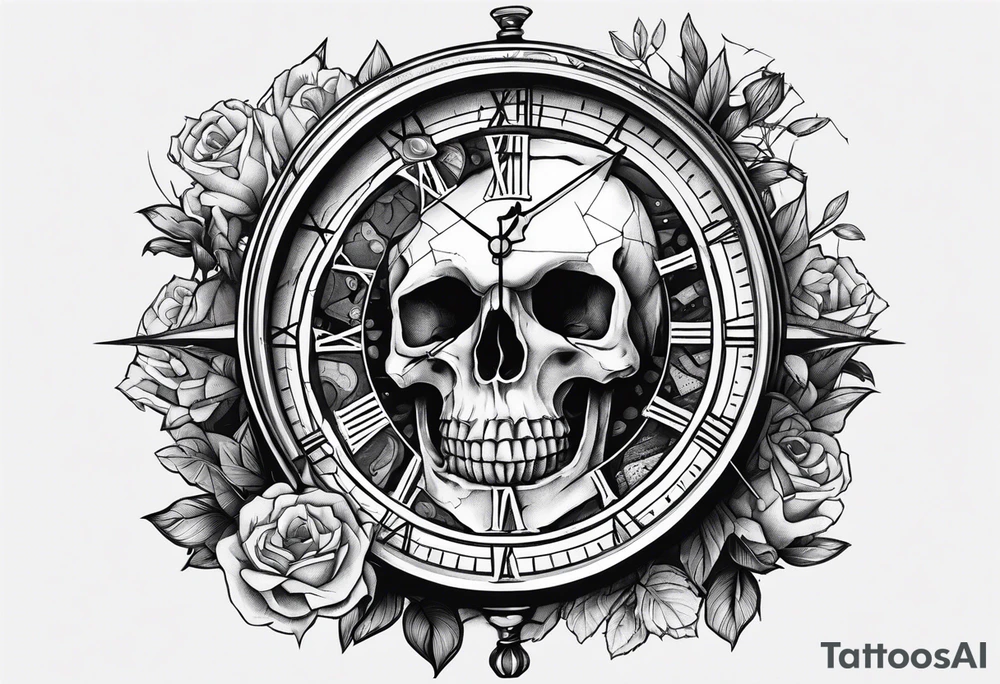 Broken clock with skeleton fingers on hand tattoo idea
