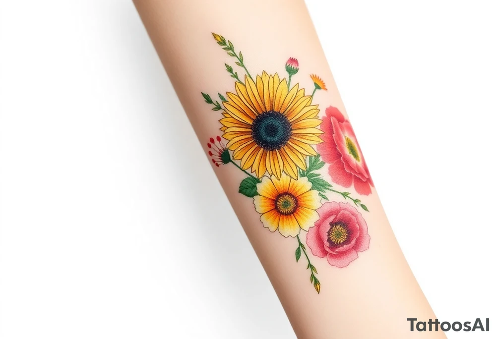 Small watercolour style bunch of wild flowers including lillium orientalis, sunflowers, poppies and peonies to be placed on forearm tattoo idea