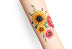 Small watercolour style bunch of wild flowers including lillium orientalis, sunflowers, poppies and peonies to be placed on forearm tattoo idea