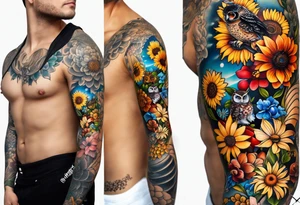 A lower forearm sleeve full colour mandala flowers, and owl, bees, pinecone, lady bugs. Moon sunflower honey suckle lighthouse tattoo idea