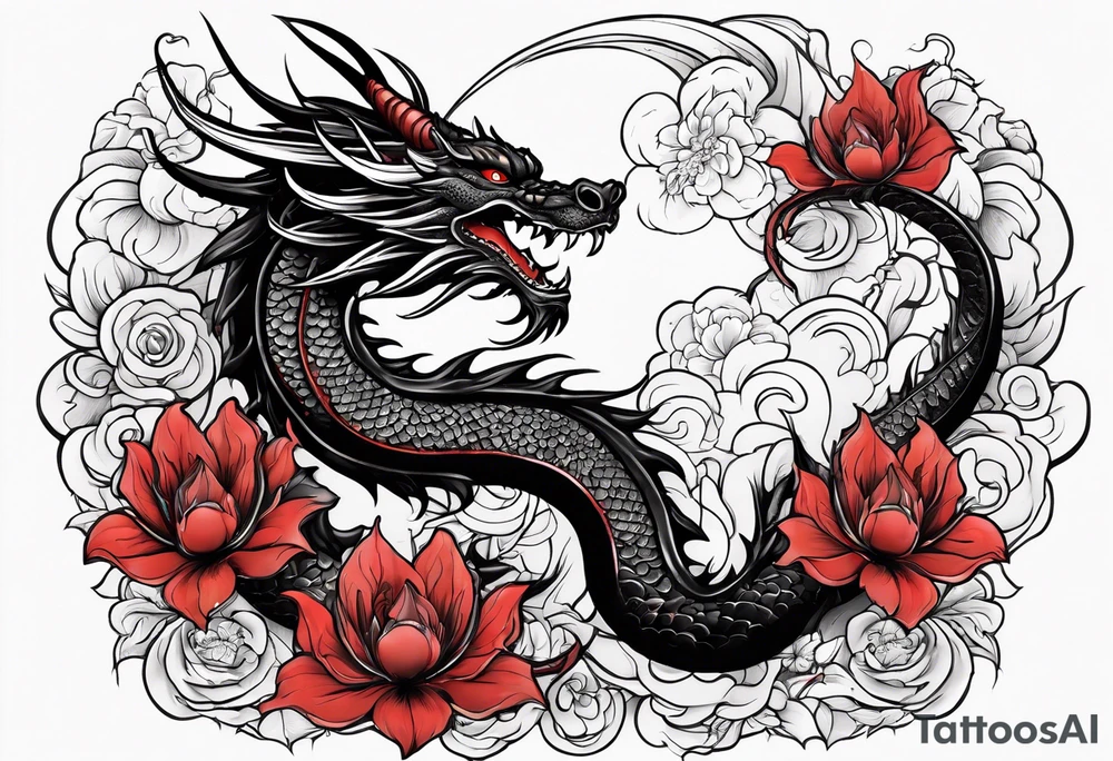 Dragon and flowers - black and red tattoo idea