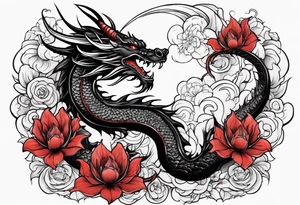 Dragon and flowers - black and red tattoo idea