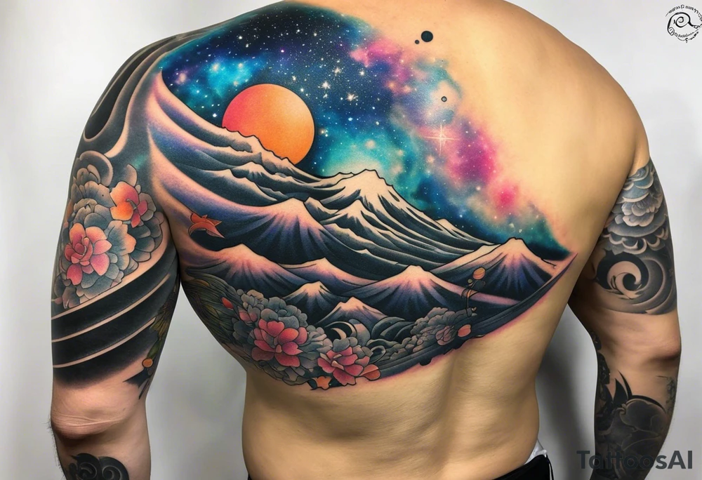 Half sleeve tattoo of a galaxy orbiting. tattoo idea
