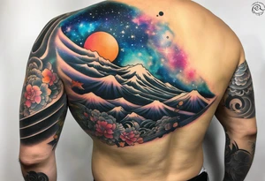 Half sleeve tattoo of a galaxy orbiting. tattoo idea