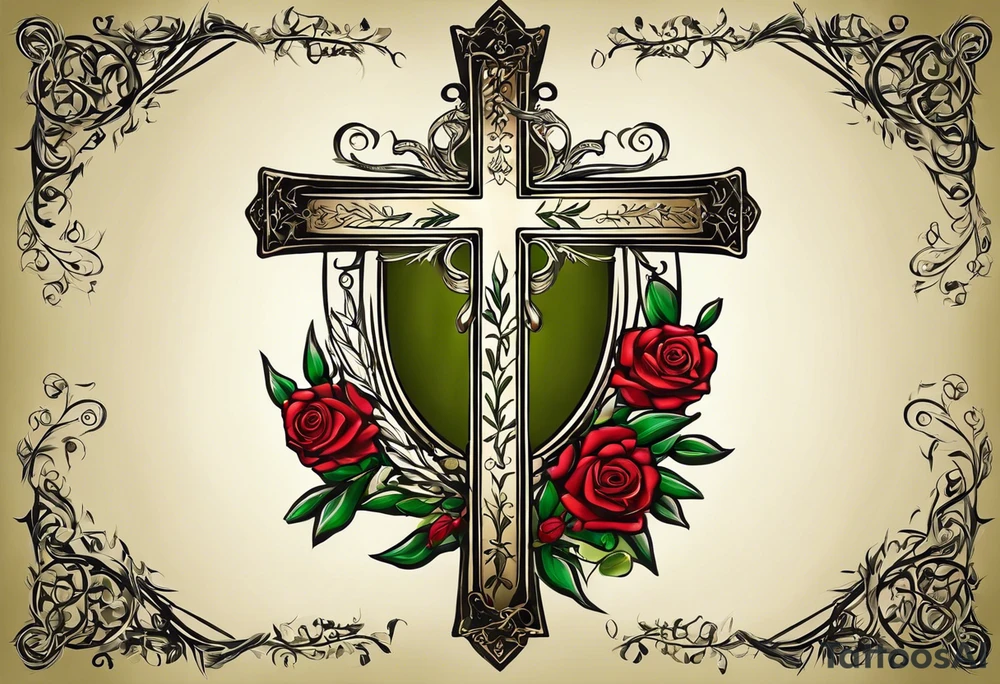 olive branch on wirst at bottom shaped like a manura lamp. A cross above that with smallers olive and rose branches and roses arount it with a crown above the cross on bothe sides small hebrew letters that say king of glory and the other says yeshua messiah in hebrew tattoo idea