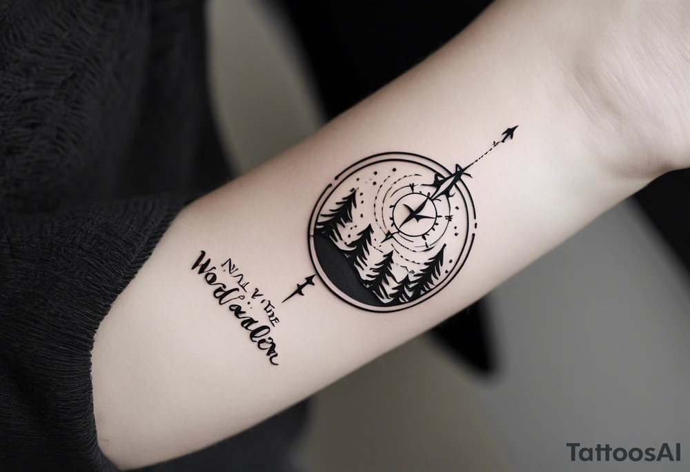 A half sleeve tattoo that features the quote **"Not all who wander are lost"** in elegant script on the outer forearm. Surrounding it are a compass rose and flowing elements like mountains, waves, and trees, symbolizing adventure and nature. Small travel icons like a plane and backpack are interspersed, enhancing the theme of exploration. The design uses a dynamic look that wraps naturally around your forearm. tattoo idea