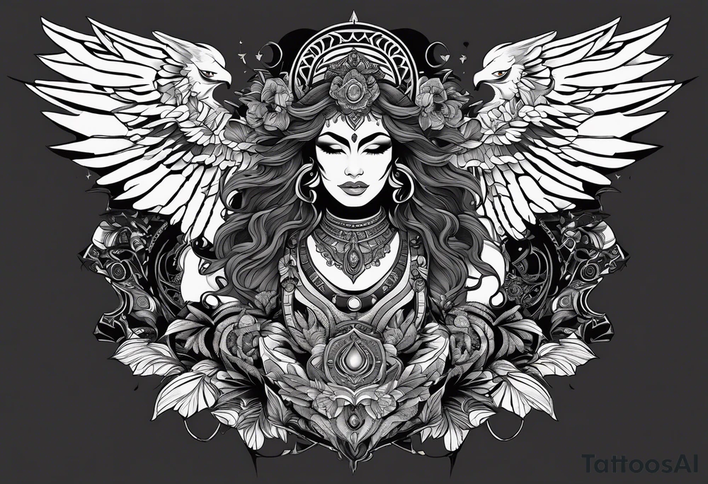 black kali, goddess pirate, alien, angel, pachamama, valkrye, warrior, flying, skull, lotus azul, wing, eagle, zenza resonance, stars, 5D, anahata chakra, death, durga, riding on a tiger, flying lady, kundalini, chest tatoo, rebel tattoo idea
