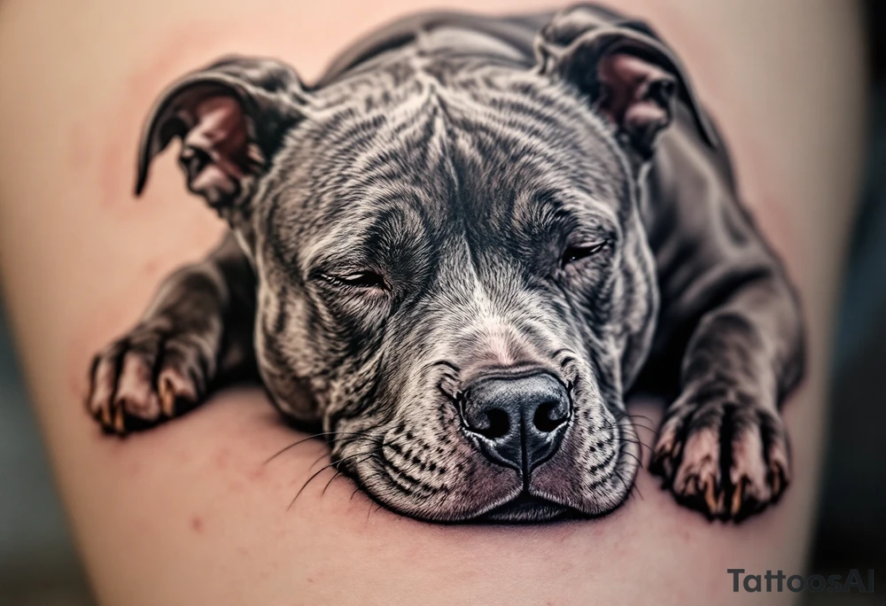 Blue-gray pitbull laying down peacefully, with detailed eyes and smooth muscle lines, in a soft realism style. tattoo idea