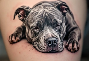 Blue-gray pitbull laying down peacefully, with detailed eyes and smooth muscle lines, in a soft realism style. tattoo idea