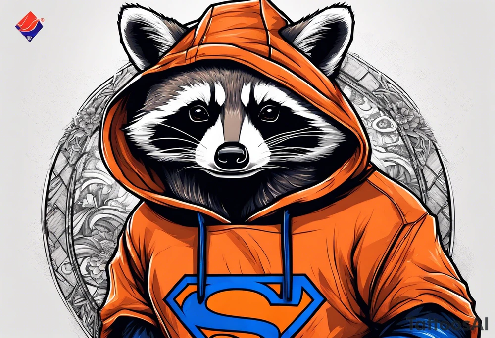 Raccoon wearing an orange Superman hoodie tattoo idea