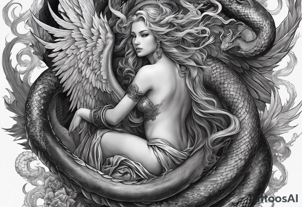 Full back piece depicting the biblically accurate angels above killing a demonic snake dragon below tattoo idea