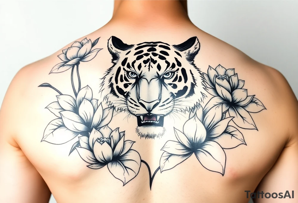 fierce tiger emerging through blooming lotus flowers in mist tattoo idea