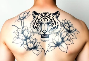 fierce tiger emerging through blooming lotus flowers in mist tattoo idea