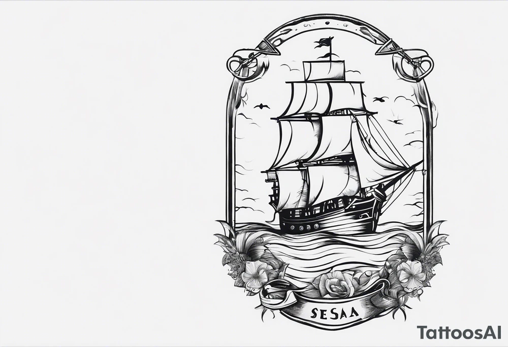 I have already a sleeve tattoo that the theme is about sea in my shoulder I have one pirate woman and I want you to create a tattoo on the chest that us connected with the woman key words is pirates ,sea ,captain tattoo idea