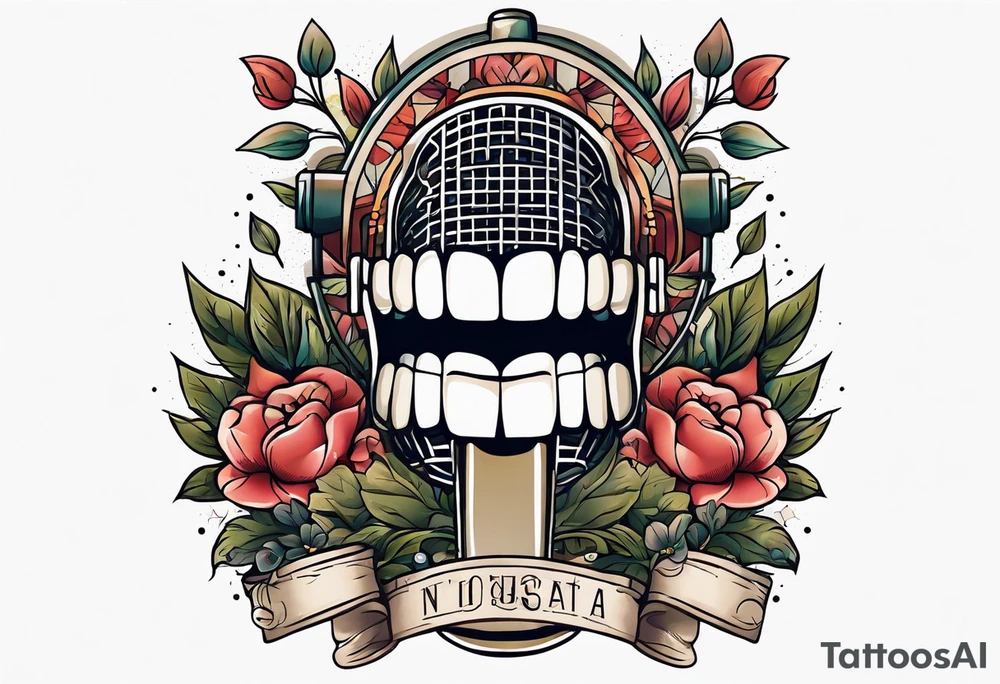 traditional vintage tattoo of mouth singing in microphone simple  flowers and banner
no face tattoo idea