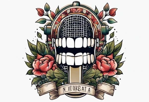 traditional vintage tattoo of mouth singing in microphone simple  flowers and banner
no face tattoo idea
