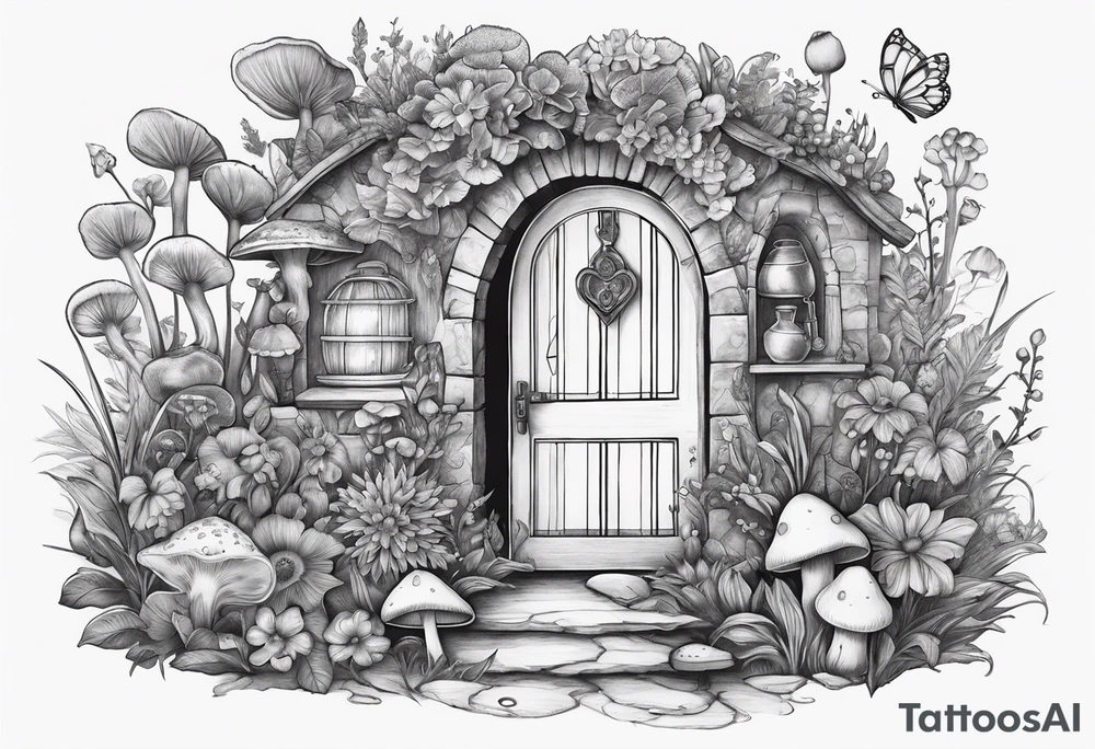 Mystical garden with door and potions and a rabbit and flowers and mushrooms tattoo idea