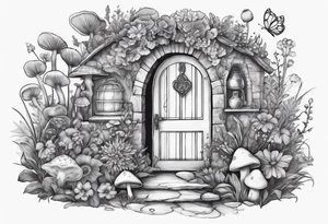 Mystical garden with door and potions and a rabbit and flowers and mushrooms tattoo idea