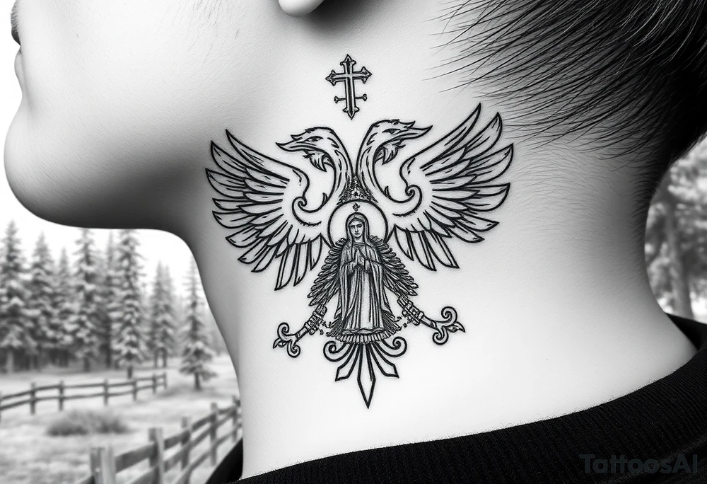 russian coat of arms double headed eagle traditional christian orthodox cross with a virgin mary stood in the entrance of a russian orthodox dome church on the side of the neck in a wilderness setting tattoo idea