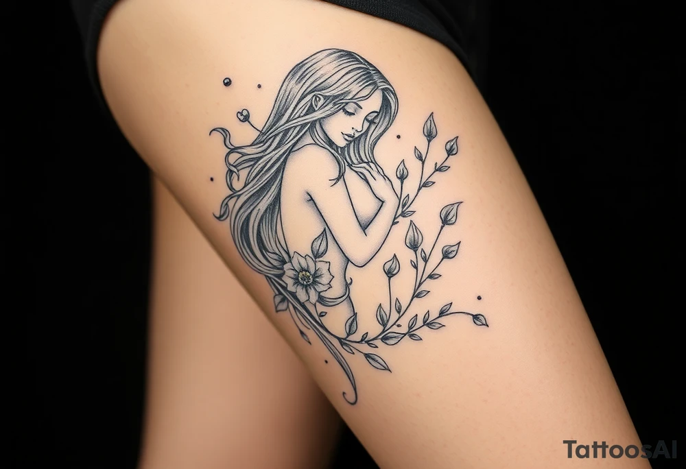 Full thigh tattoo with a sexy fantasy girl and plants tattoo idea