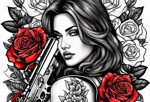 Beautiful woman angle holding a AK 47 surrounded by roses tattoo idea