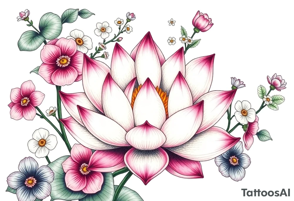 Lotus flower surrounded by forget me nots and peonies tattoo idea