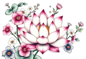 Lotus flower surrounded by forget me nots and peonies tattoo idea