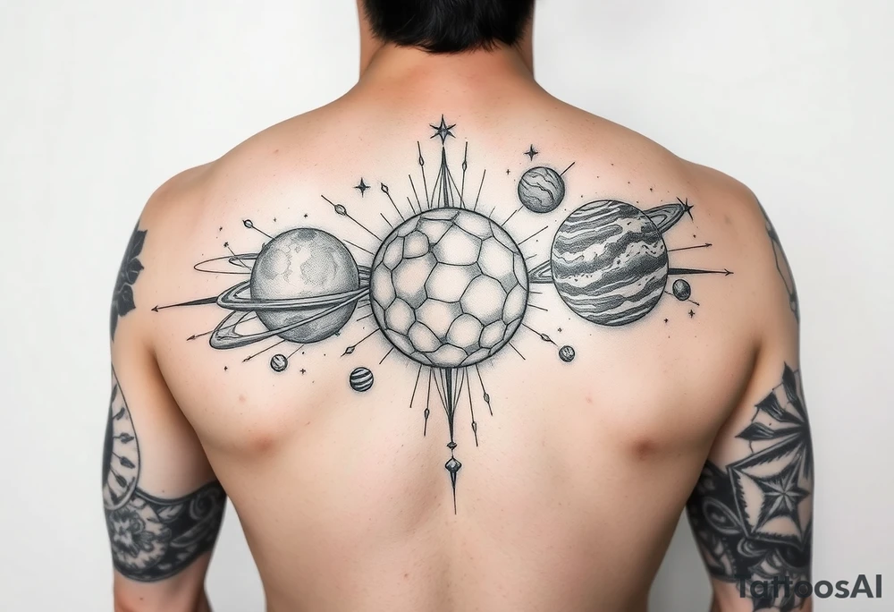 arm sleeve, outer space, planets, geometric patterns, string theory tattoo idea