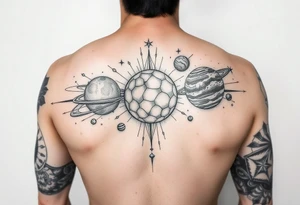 arm sleeve, outer space, planets, geometric patterns, string theory tattoo idea