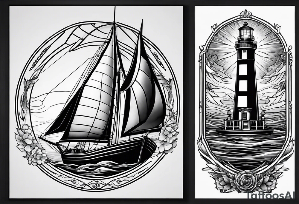sailboat seen from the front. sail in the shape of a maritime lighthouse.phoenix drawn on the sail. tattoo idea