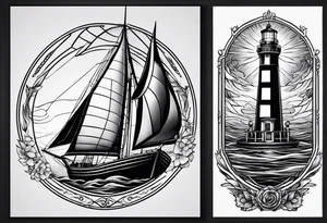 sailboat seen from the front. sail in the shape of a maritime lighthouse.phoenix drawn on the sail. tattoo idea