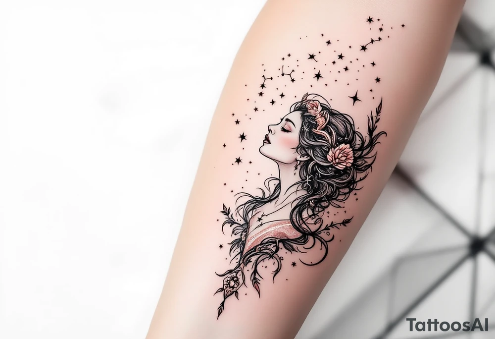 A celestial maiden in shimmering rose gold releases the Virgo constellation like stardust into the sky. tattoo idea