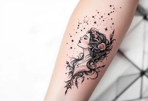 A celestial maiden in shimmering rose gold releases the Virgo constellation like stardust into the sky. tattoo idea
