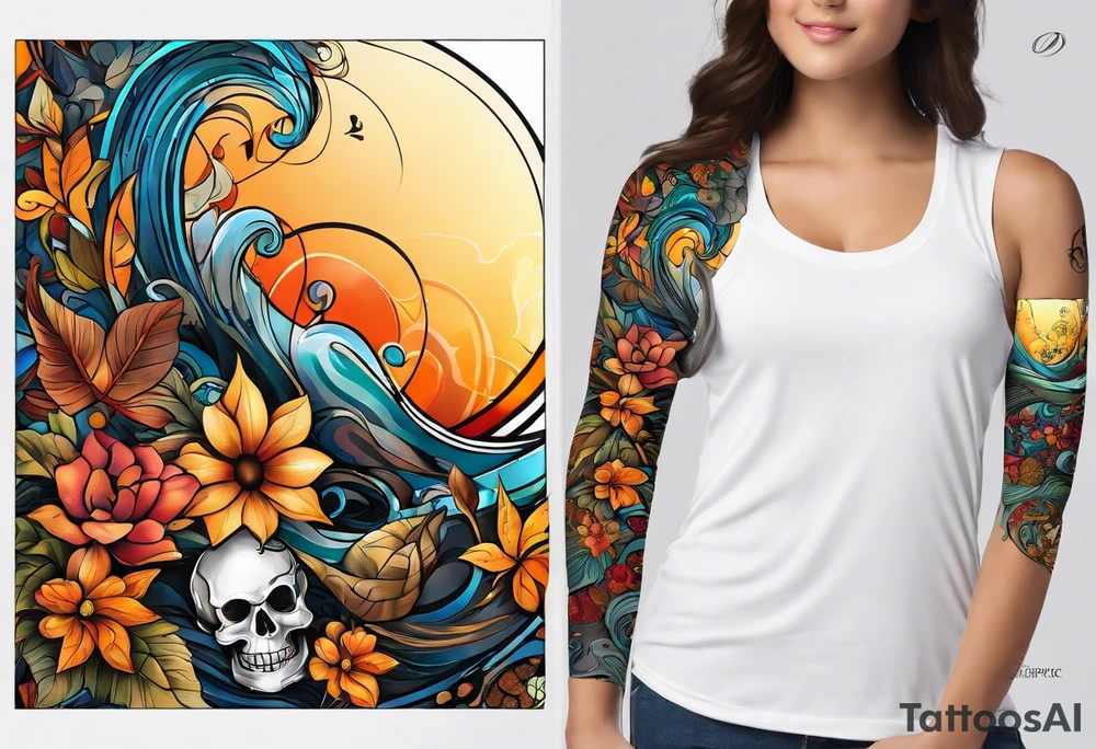 arm sleeve with fall colors, flowers, water flow shapes, leaves and various natural shapes, music notes, skulls tattoo idea