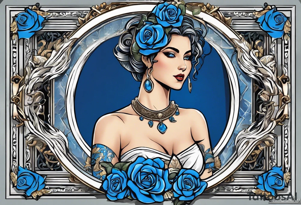 ancient rome clothes ,women,,ancient scale in one hand, blue rose frames, ladies justicia ,keeps  scale tattoo idea
