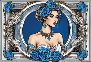 ancient rome clothes ,women,,ancient scale in one hand, blue rose frames, ladies justicia ,keeps  scale tattoo idea