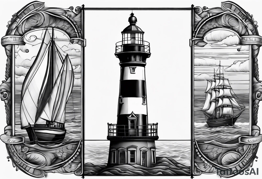 maritime lighthouse in a front view sailboat serving as a mast for a sail. tattoo idea