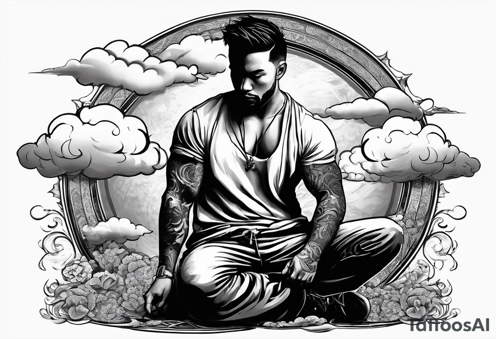 Men kneeling like he went through s bad time and a cloud looking like a debil behind him tattoo idea