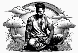 Men kneeling like he went through s bad time and a cloud looking like a debil behind him tattoo idea